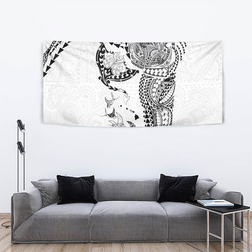 Hawaiian Manta Ray Tribal Tapestry Polynesian Art Motifs White Color