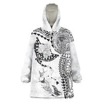 Hawaiian Manta Ray Tribal Wearable Blanket Hoodie Polynesian Art Motifs White Color