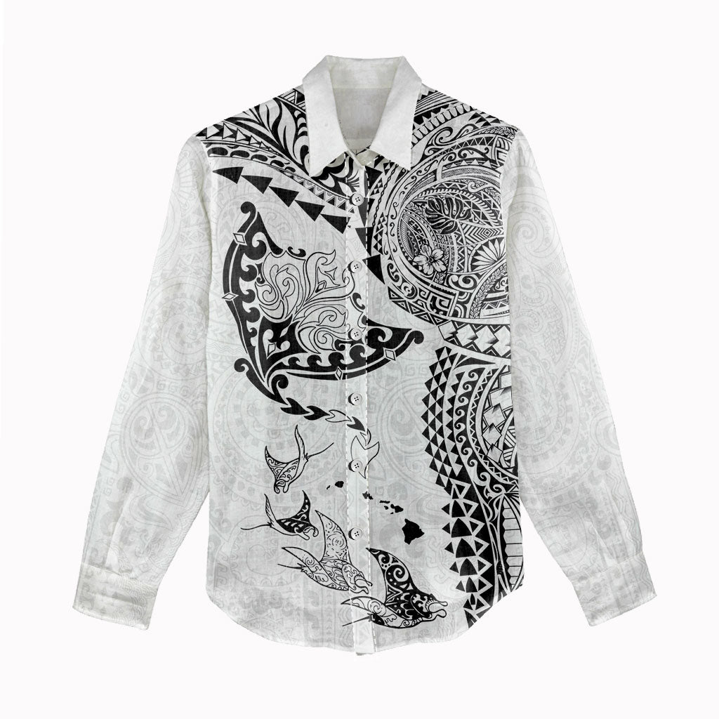 Hawaiian Manta Ray Tribal Women Casual Shirt Polynesian Art Motifs White Color