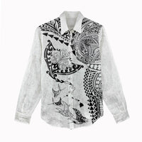 Hawaiian Manta Ray Tribal Women Casual Shirt Polynesian Art Motifs White Color