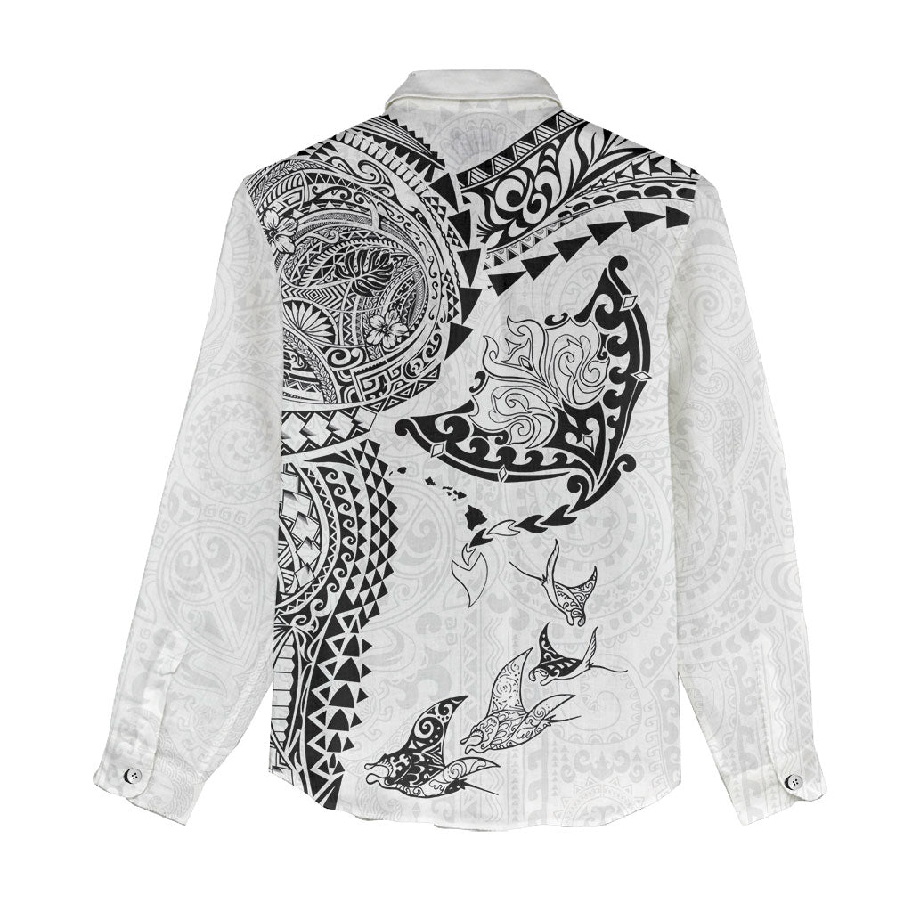 Hawaiian Manta Ray Tribal Women Casual Shirt Polynesian Art Motifs White Color