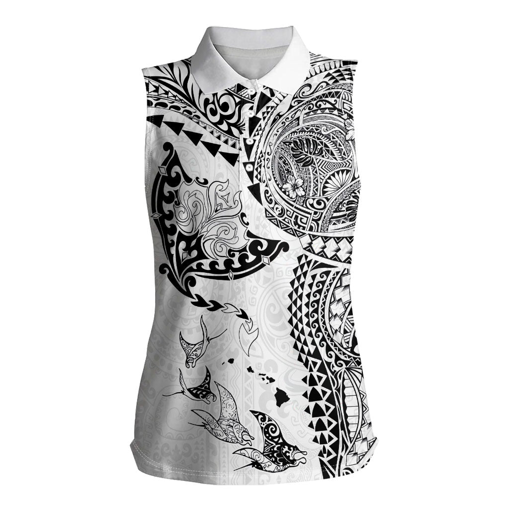 Hawaiian Manta Ray Tribal Women Sleeveless Polo Shirt Polynesian Art Motifs White Color