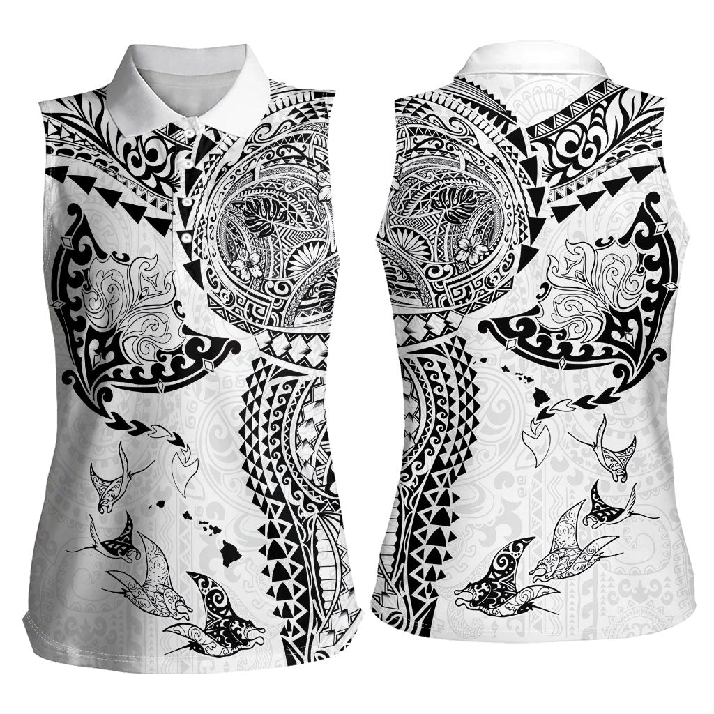 Hawaiian Manta Ray Tribal Women Sleeveless Polo Shirt Polynesian Art Motifs White Color