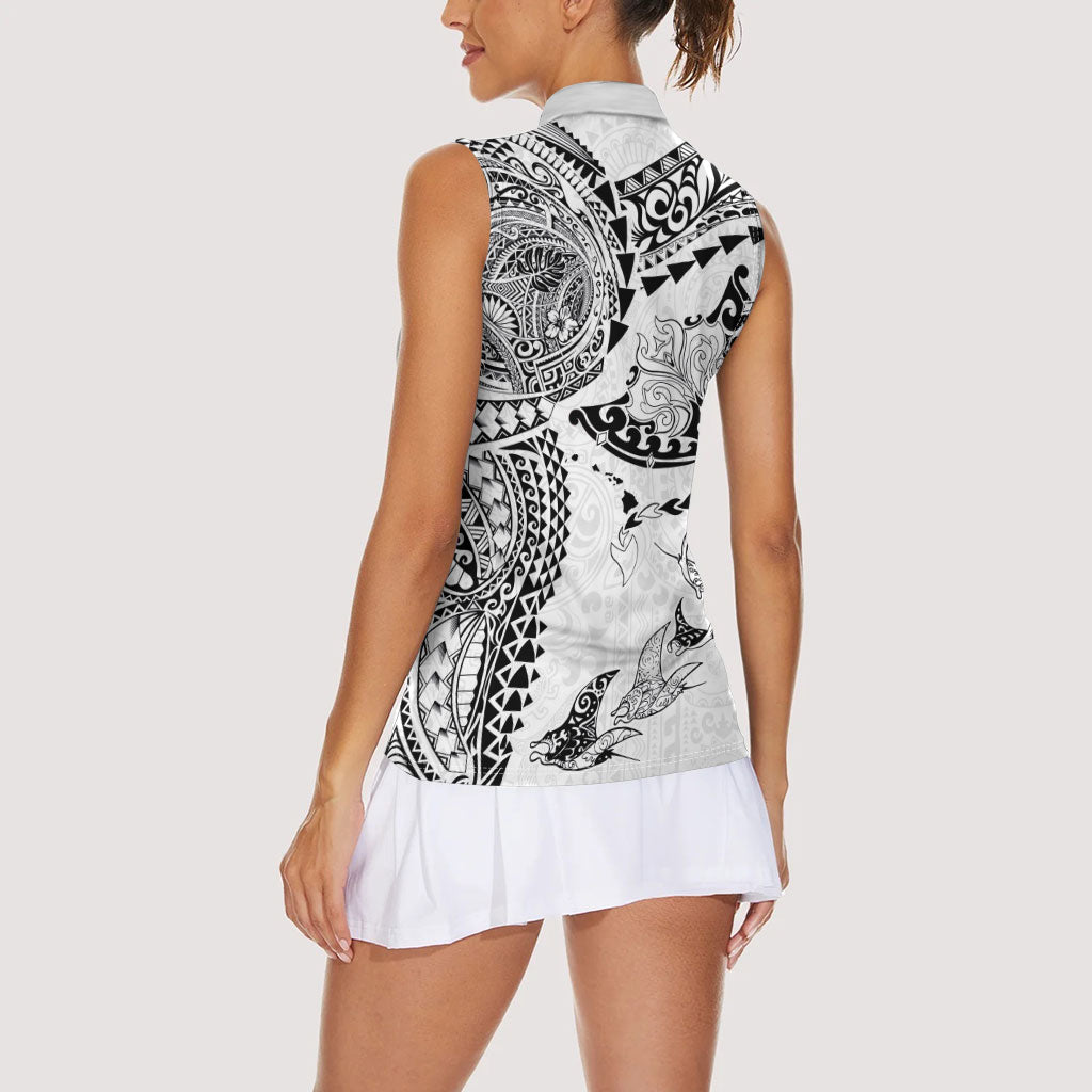 Hawaiian Manta Ray Tribal Women Sleeveless Polo Shirt Polynesian Art Motifs White Color
