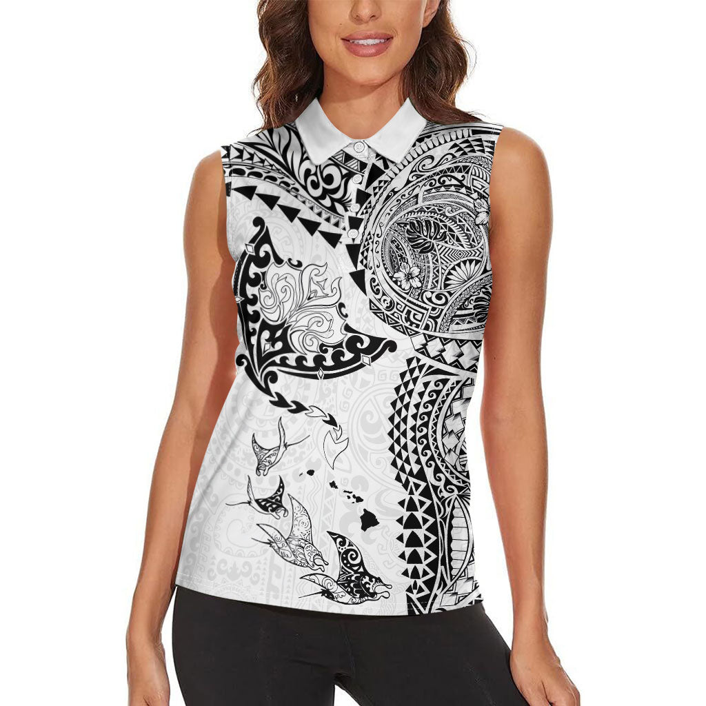 Hawaiian Manta Ray Tribal Women Sleeveless Polo Shirt Polynesian Art Motifs White Color
