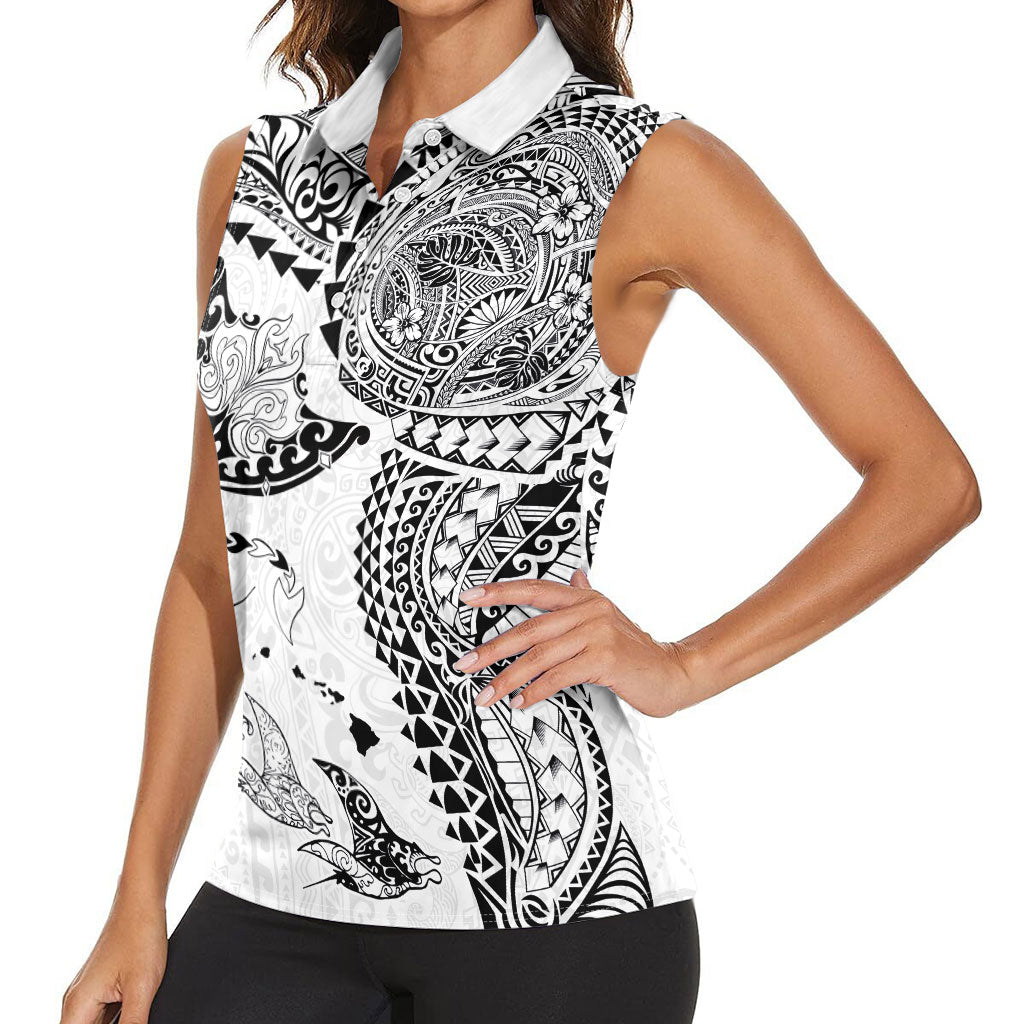 Hawaiian Manta Ray Tribal Women Sleeveless Polo Shirt Polynesian Art Motifs White Color