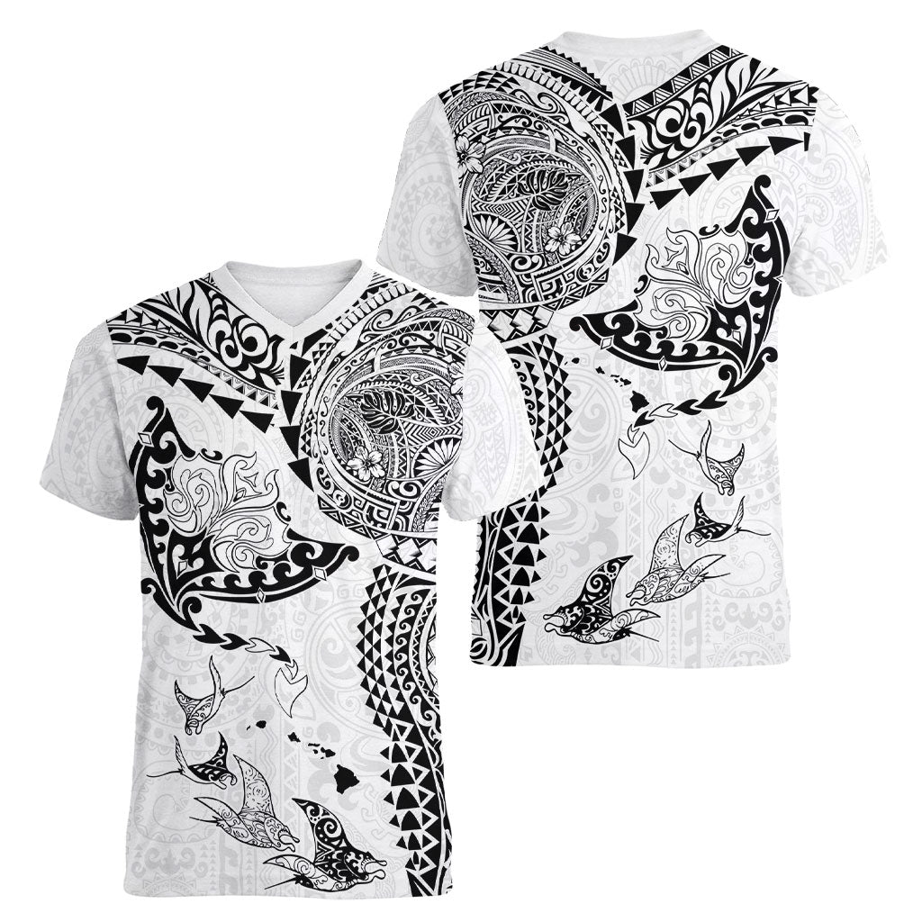 Hawaiian Manta Ray Tribal Women V-Neck T-Shirt Polynesian Art Motifs White Color