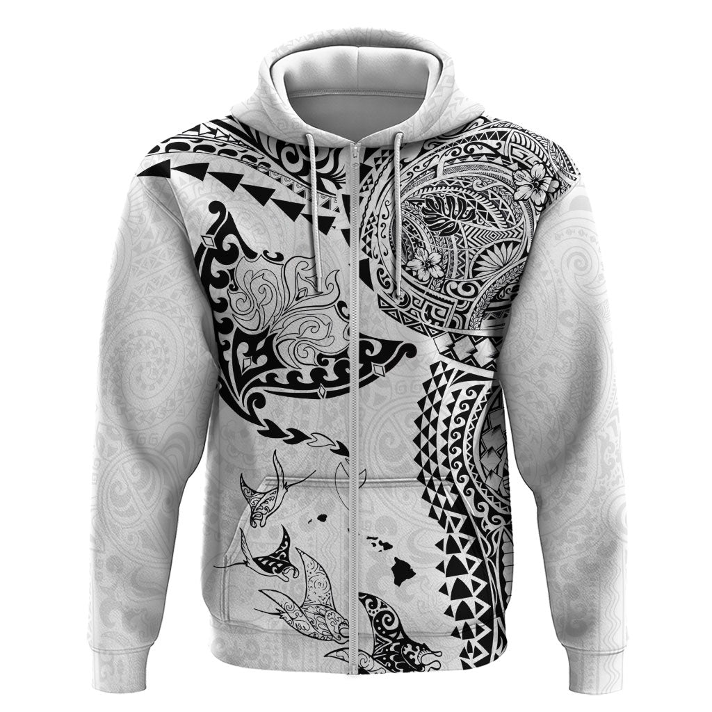 Hawaiian Manta Ray Tribal Zip Hoodie Polynesian Art Motifs White Color