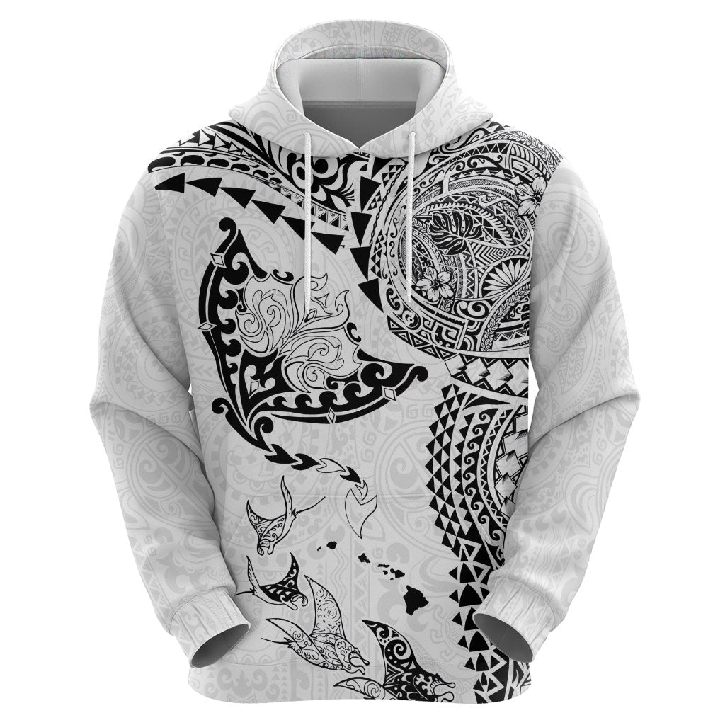 Hawaiian Manta Ray Tribal Zip Hoodie Polynesian Art Motifs White Color