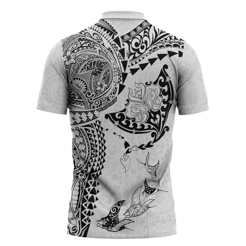 Hawaiian Manta Ray Tribal Zipper Polo Shirt Polynesian Art Motifs White Color