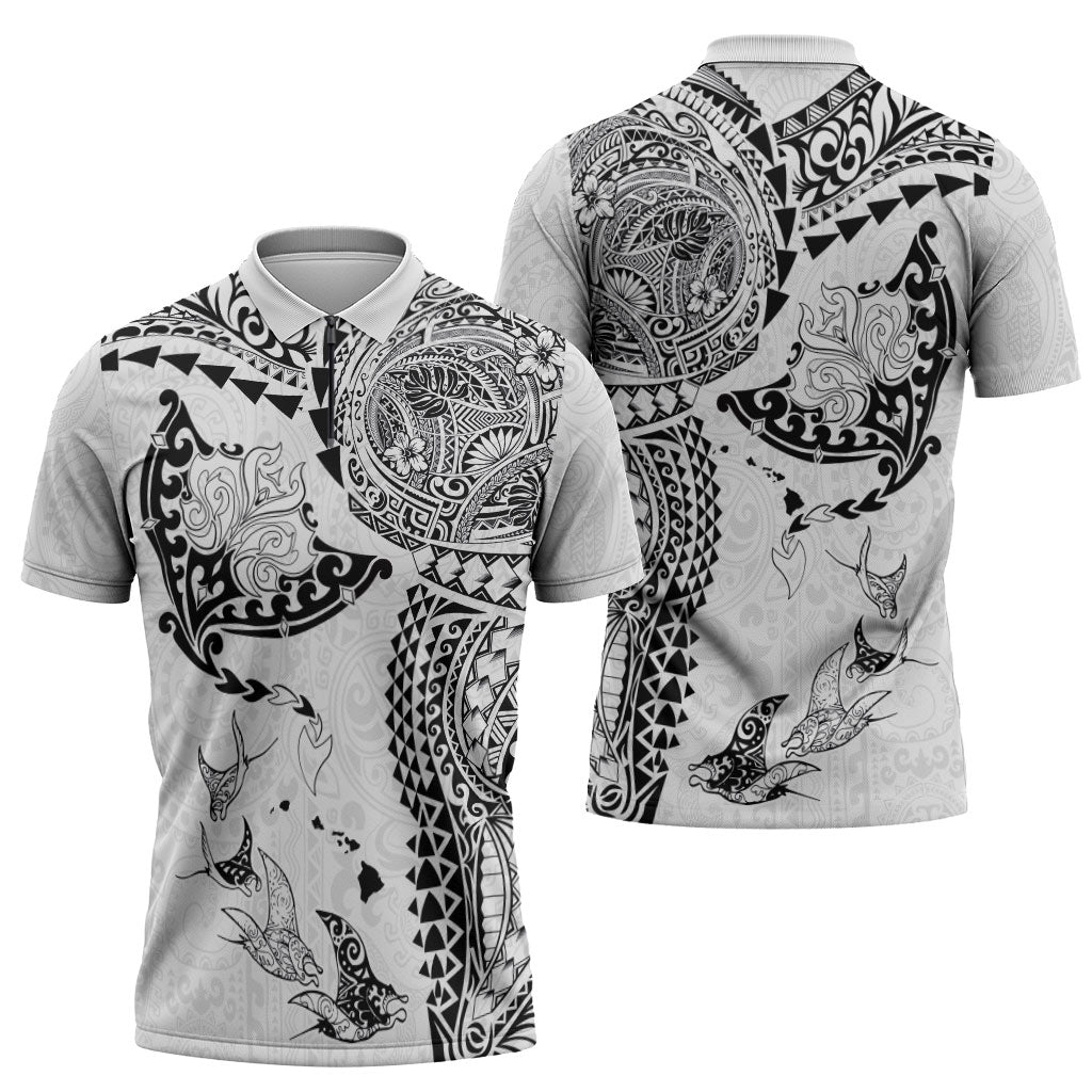 Hawaiian Manta Ray Tribal Zipper Polo Shirt Polynesian Art Motifs White Color