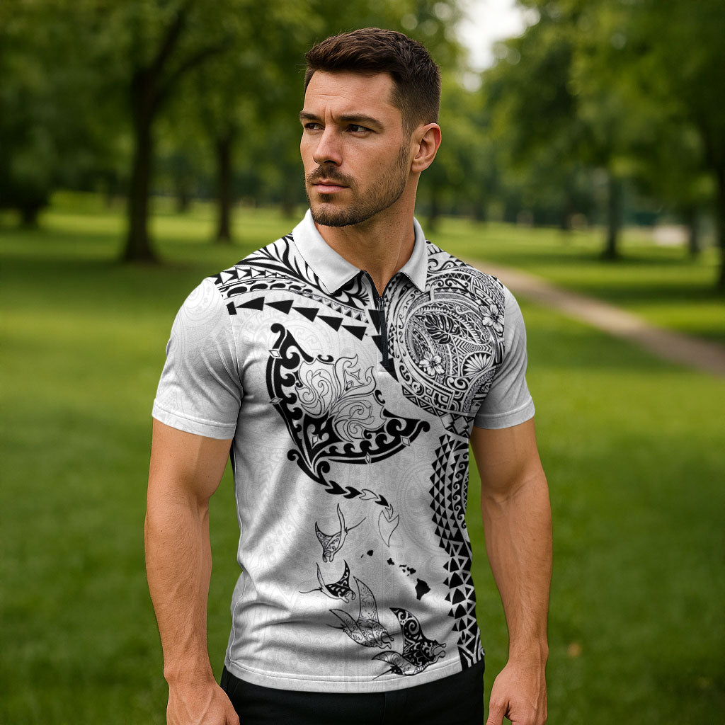 Hawaiian Manta Ray Tribal Zipper Polo Shirt Polynesian Art Motifs White Color