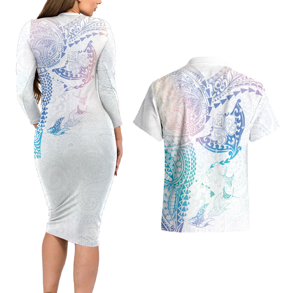 Hawaiian Manta Ray Tribal Couples Matching Long Sleeve Bodycon Dress and Hawaiian Shirt Polynesian Art Motifs Sweet Pastel
