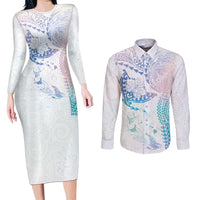 Hawaiian Manta Ray Tribal Couples Matching Long Sleeve Bodycon Dress and Long Sleeve Button Shirt Polynesian Art Motifs Sweet Pastel