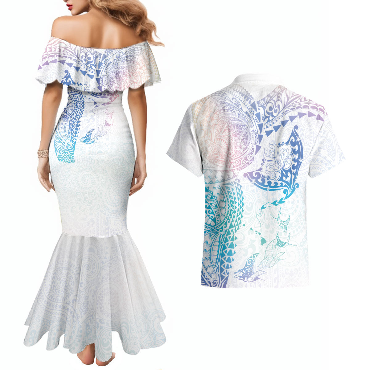 Hawaiian Manta Ray Tribal Couples Matching Mermaid Dress and Hawaiian Shirt Polynesian Art Motifs Sweet Pastel