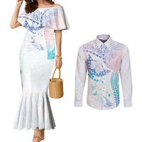 Hawaiian Manta Ray Tribal Couples Matching Mermaid Dress and Long Sleeve Button Shirt Polynesian Art Motifs Sweet Pastel