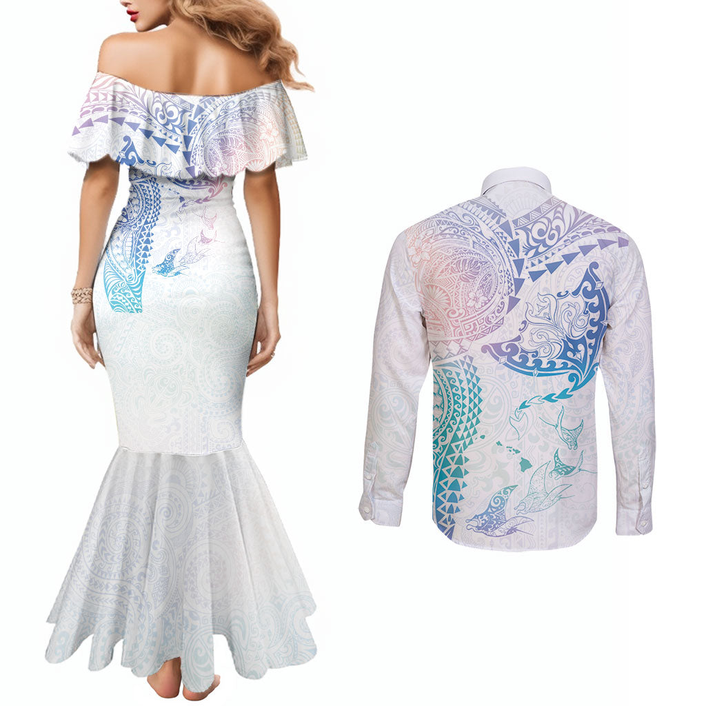 Hawaiian Manta Ray Tribal Couples Matching Mermaid Dress and Long Sleeve Button Shirt Polynesian Art Motifs Sweet Pastel