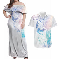 Hawaiian Manta Ray Tribal Couples Matching Off Shoulder Maxi Dress and Hawaiian Shirt Polynesian Art Motifs Sweet Pastel