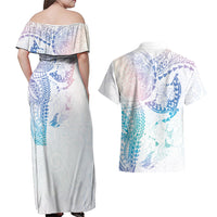 Hawaiian Manta Ray Tribal Couples Matching Off Shoulder Maxi Dress and Hawaiian Shirt Polynesian Art Motifs Sweet Pastel