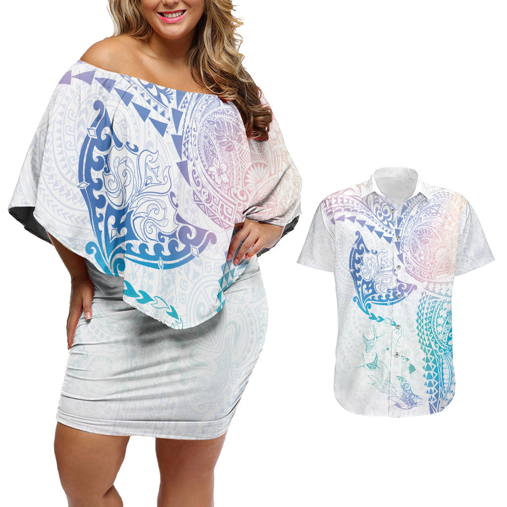 Hawaiian Manta Ray Tribal Couples Matching Off Shoulder Short Dress and Hawaiian Shirt Polynesian Art Motifs Sweet Pastel