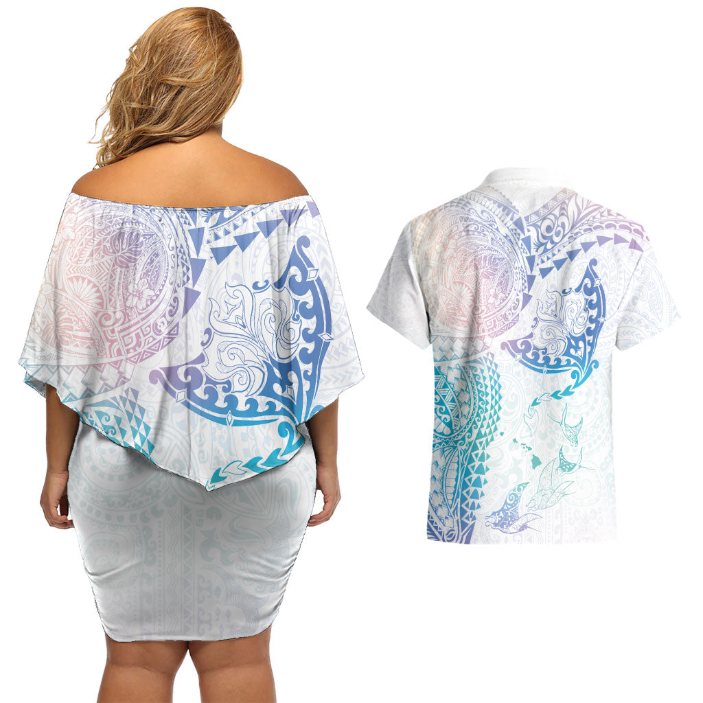 Hawaiian Manta Ray Tribal Couples Matching Off Shoulder Short Dress and Hawaiian Shirt Polynesian Art Motifs Sweet Pastel