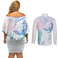 Hawaiian Manta Ray Tribal Couples Matching Off Shoulder Short Dress and Long Sleeve Button Shirt Polynesian Art Motifs Sweet Pastel