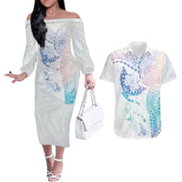 Hawaiian Manta Ray Tribal Couples Matching Off The Shoulder Long Sleeve Dress and Hawaiian Shirt Polynesian Art Motifs Sweet Pastel