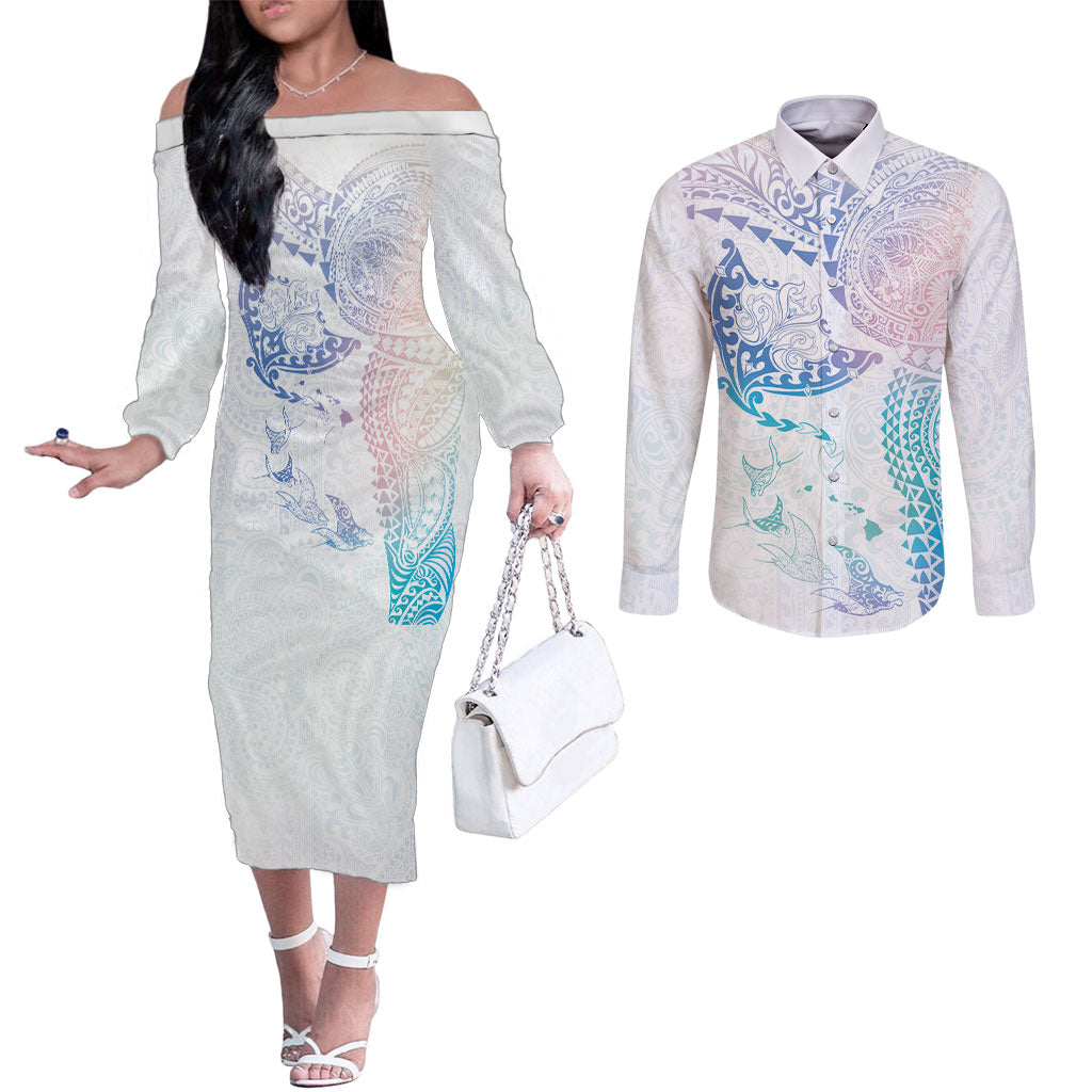 Hawaiian Manta Ray Tribal Couples Matching Off The Shoulder Long Sleeve Dress and Long Sleeve Button Shirt Polynesian Art Motifs Sweet Pastel
