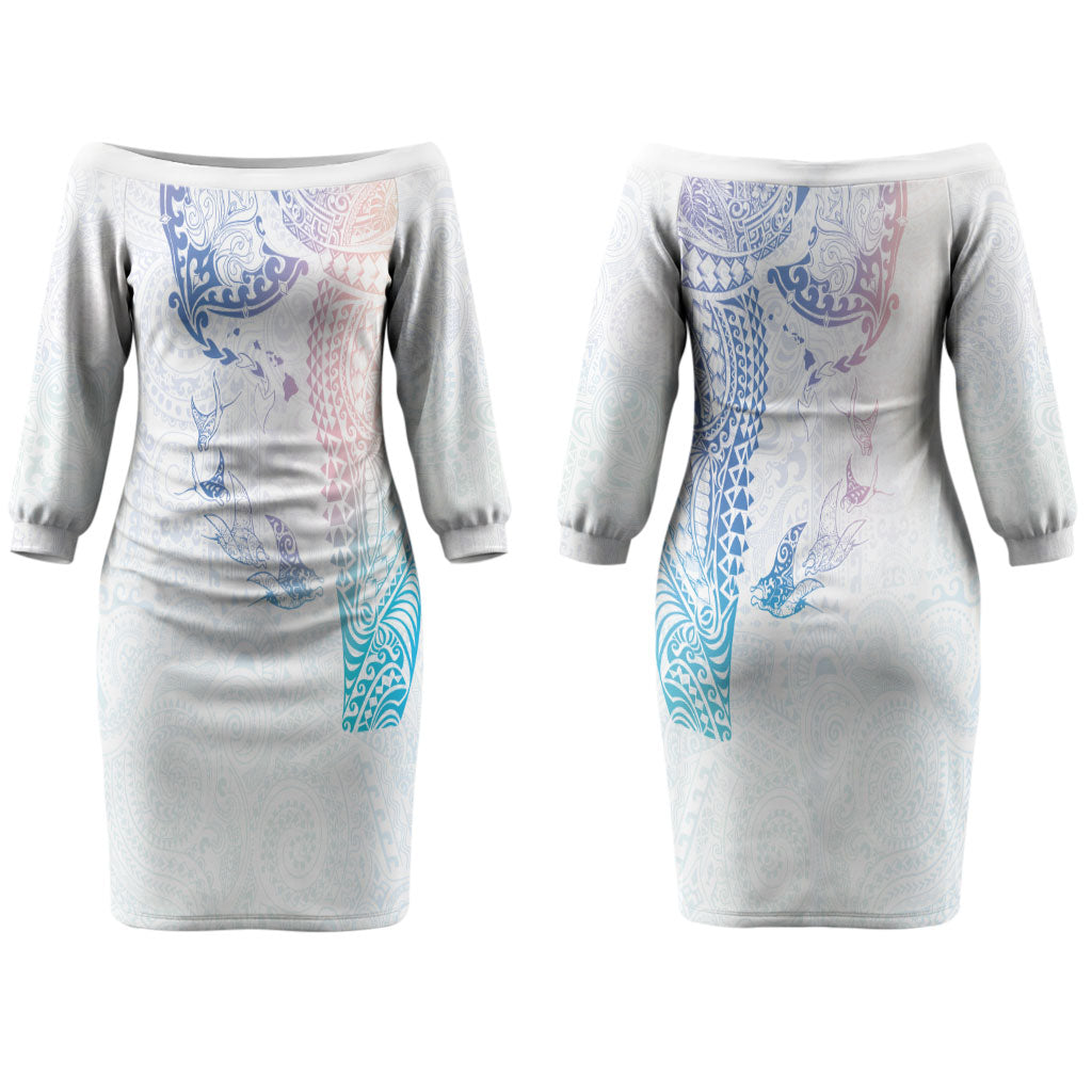 Hawaiian Manta Ray Tribal Couples Matching Off The Shoulder Long Sleeve Dress and Long Sleeve Button Shirt Polynesian Art Motifs Sweet Pastel LT03 - Polynesian Pride