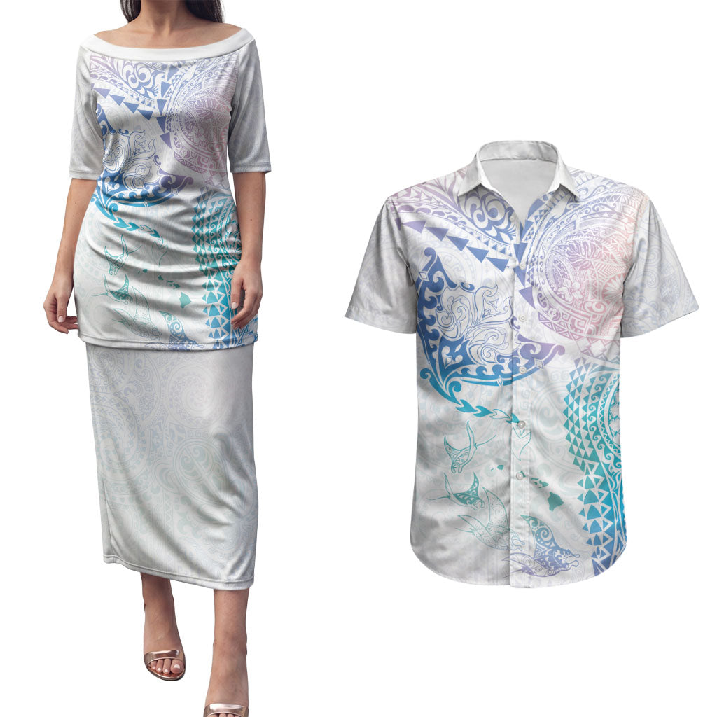 Hawaiian Manta Ray Tribal Couples Matching Puletasi and Hawaiian Shirt Polynesian Art Motifs Sweet Pastel LT03 Multicolor - Polynesian Pride