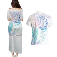 Hawaiian Manta Ray Tribal Couples Matching Puletasi and Hawaiian Shirt Polynesian Art Motifs Sweet Pastel