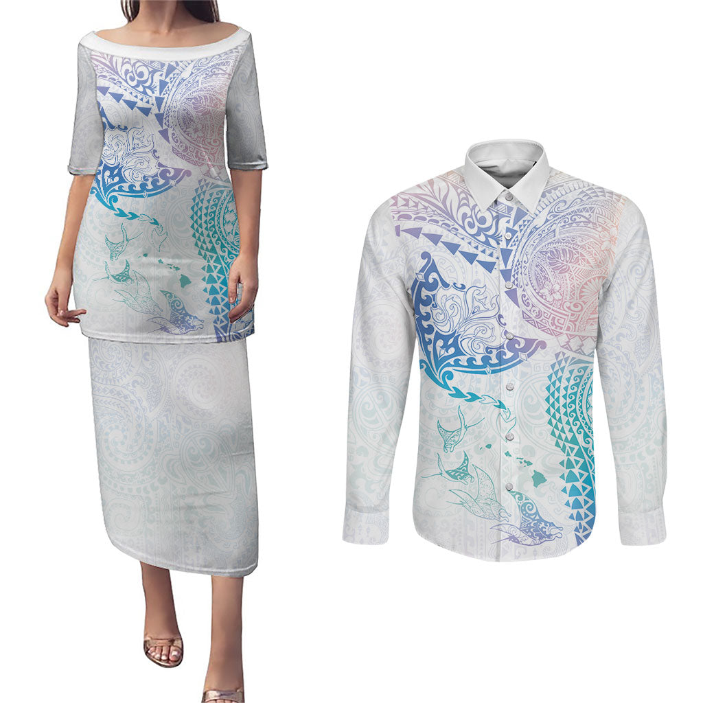 Hawaiian Manta Ray Tribal Couples Matching Puletasi and Long Sleeve Button Shirt Polynesian Art Motifs Sweet Pastel