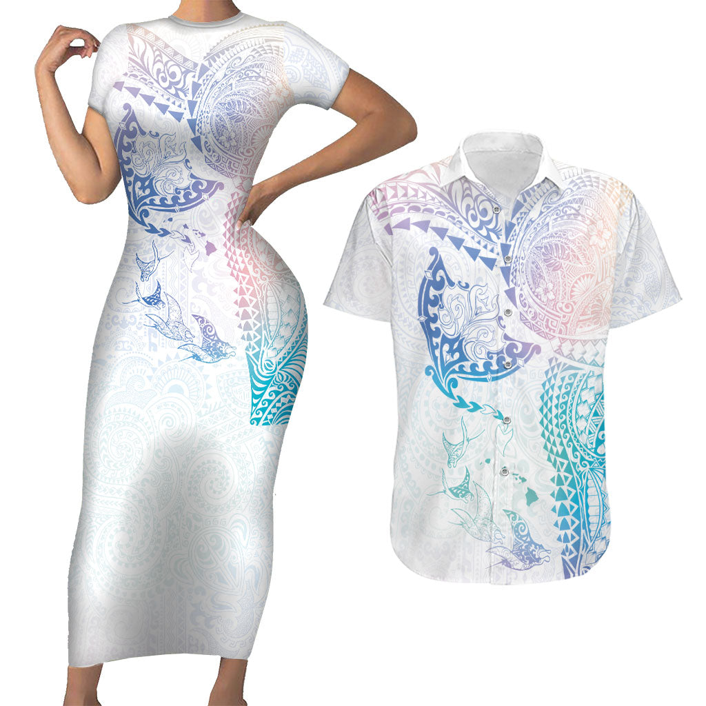 Hawaiian Manta Ray Tribal Couples Matching Short Sleeve Bodycon Dress and Hawaiian Shirt Polynesian Art Motifs Sweet Pastel