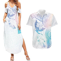 Hawaiian Manta Ray Tribal Couples Matching Summer Maxi Dress and Hawaiian Shirt Polynesian Art Motifs Sweet Pastel