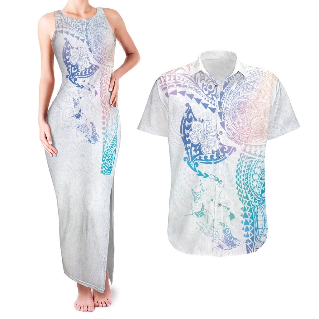 Hawaiian Manta Ray Tribal Couples Matching Tank Maxi Dress and Hawaiian Shirt Polynesian Art Motifs Sweet Pastel
