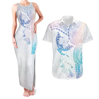 Hawaiian Manta Ray Tribal Couples Matching Tank Maxi Dress and Hawaiian Shirt Polynesian Art Motifs Sweet Pastel