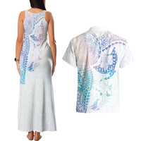 Hawaiian Manta Ray Tribal Couples Matching Tank Maxi Dress and Hawaiian Shirt Polynesian Art Motifs Sweet Pastel