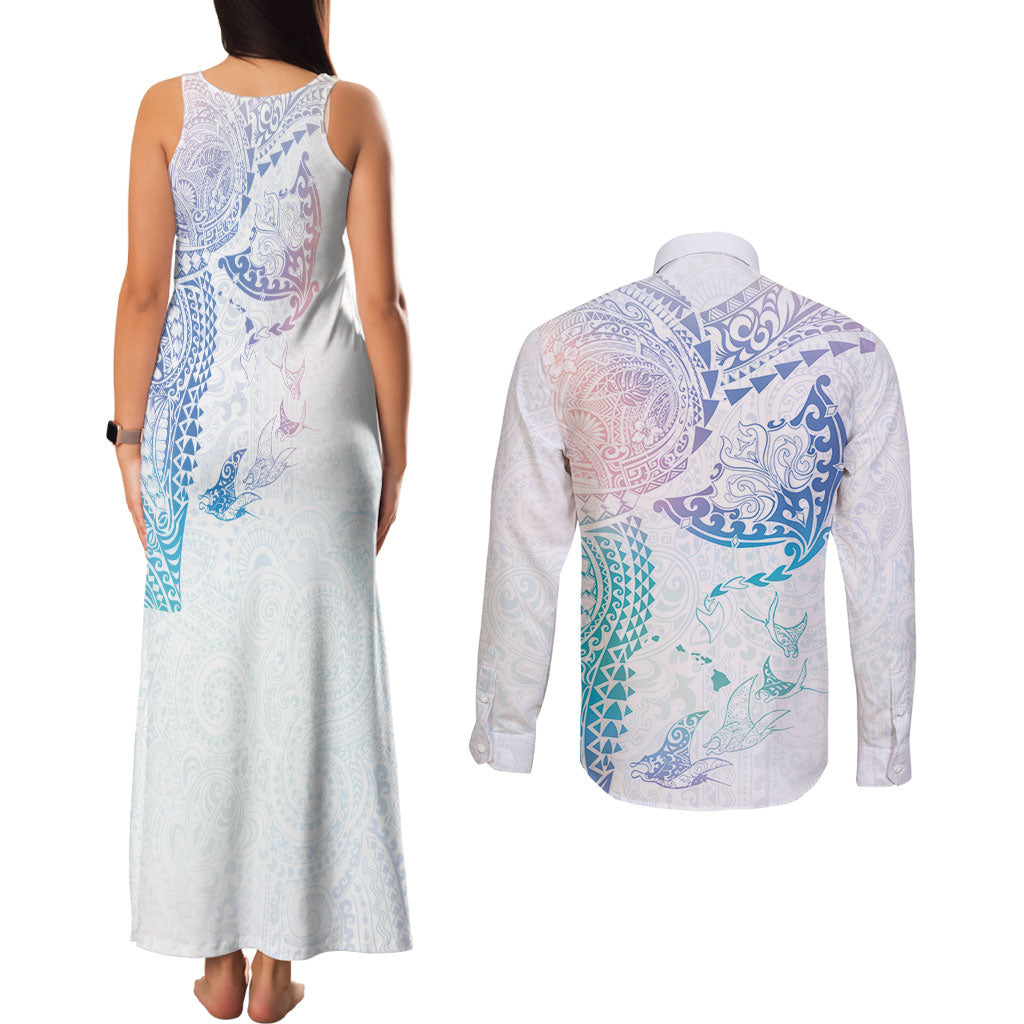 Hawaiian Manta Ray Tribal Couples Matching Tank Maxi Dress and Long Sleeve Button Shirt Polynesian Art Motifs Sweet Pastel