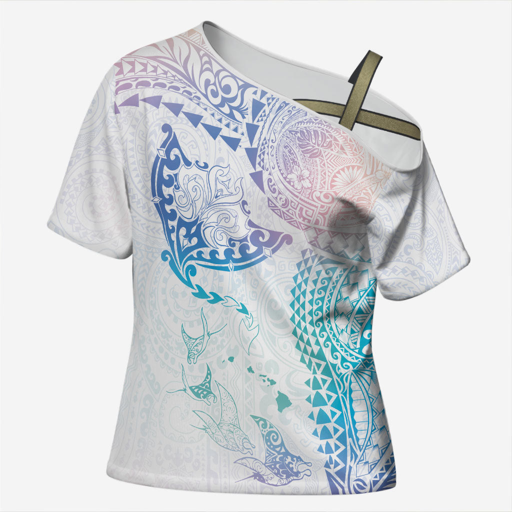 Hawaiian Manta Ray Tribal Cross Shoulder Shirt Polynesian Art Motifs Sweet Pastel LT03 Female Multicolor - Polynesian Pride