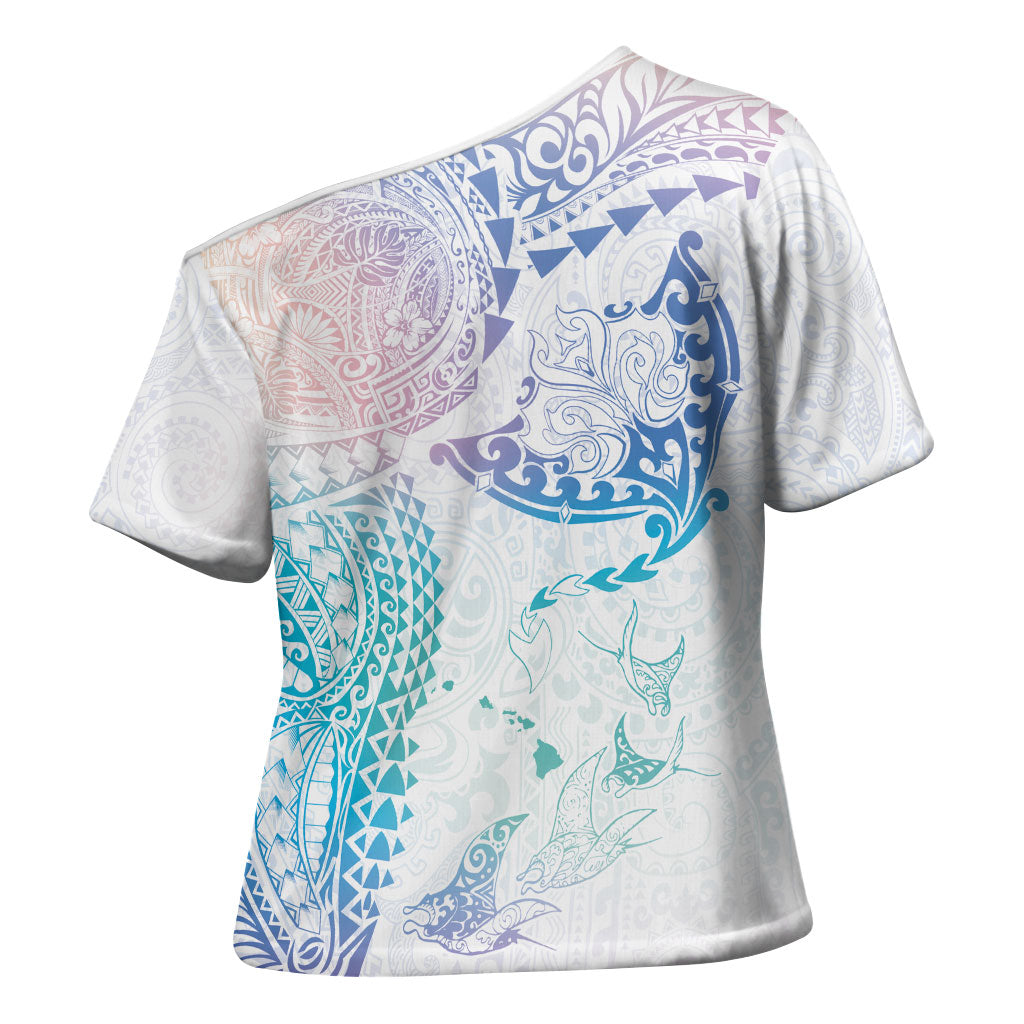 Hawaiian Manta Ray Tribal Cross Shoulder Shirt Polynesian Art Motifs Sweet Pastel