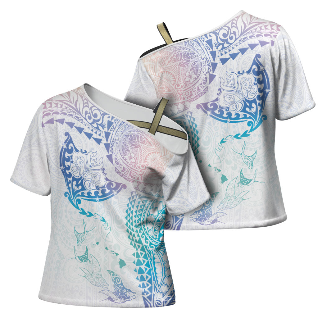 Hawaiian Manta Ray Tribal Cross Shoulder Shirt Polynesian Art Motifs Sweet Pastel