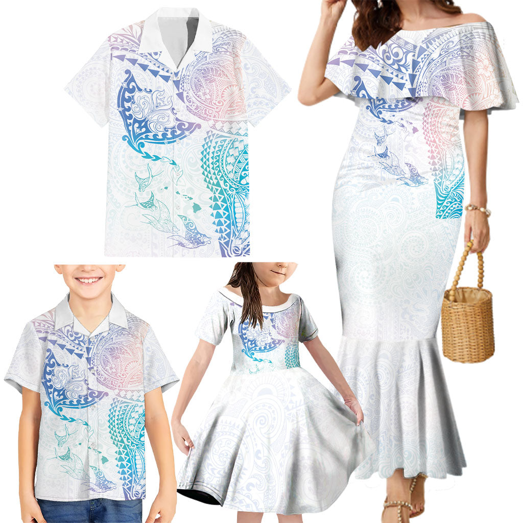 Hawaiian Manta Ray Tribal Family Matching Mermaid Dress and Hawaiian Shirt Polynesian Art Motifs Sweet Pastel