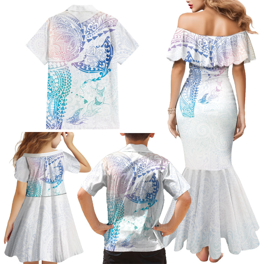 Hawaiian Manta Ray Tribal Family Matching Mermaid Dress and Hawaiian Shirt Polynesian Art Motifs Sweet Pastel