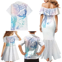 Hawaiian Manta Ray Tribal Family Matching Mermaid Dress and Hawaiian Shirt Polynesian Art Motifs Sweet Pastel