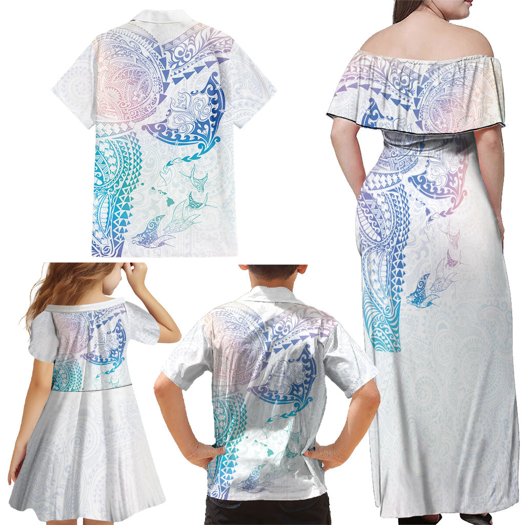 Hawaiian Manta Ray Tribal Family Matching Off Shoulder Maxi Dress and Hawaiian Shirt Polynesian Art Motifs Sweet Pastel