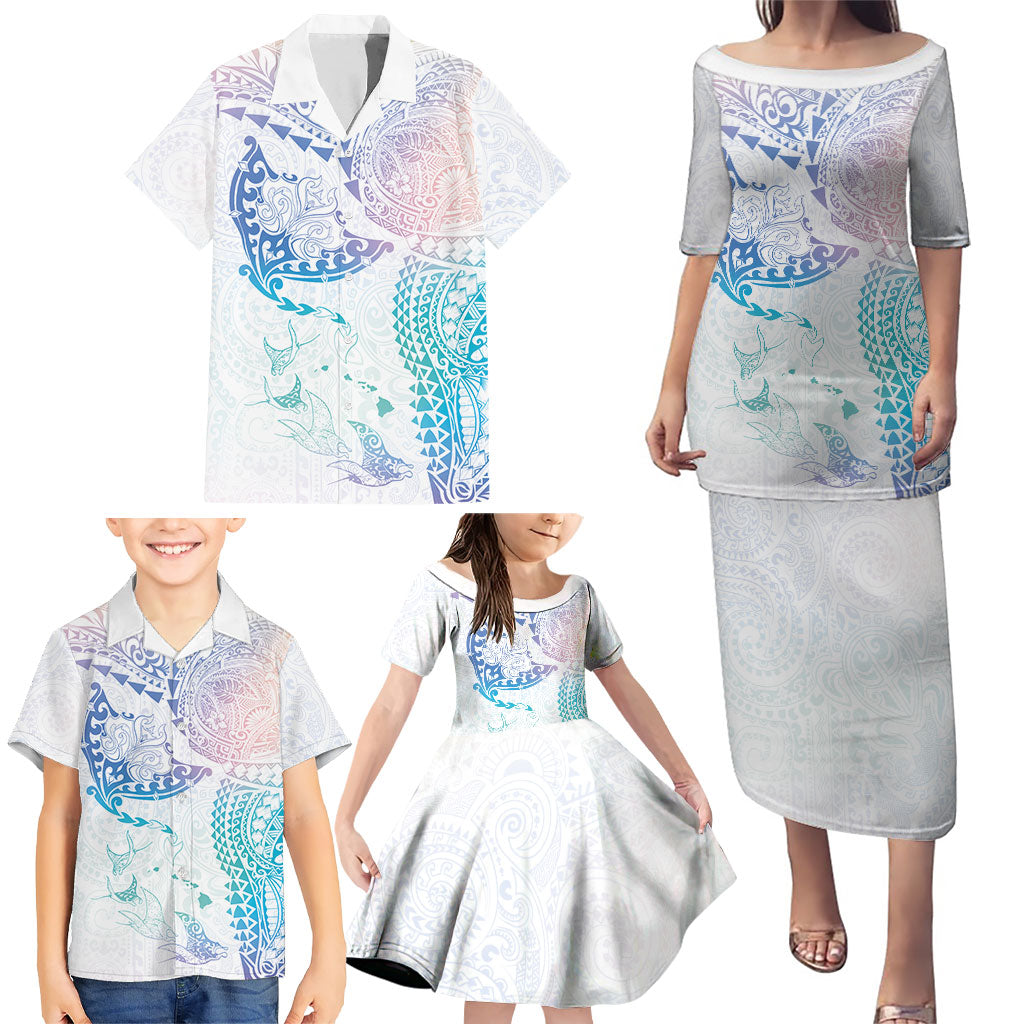 Hawaiian Manta Ray Tribal Family Matching Puletasi and Hawaiian Shirt Polynesian Art Motifs Sweet Pastel