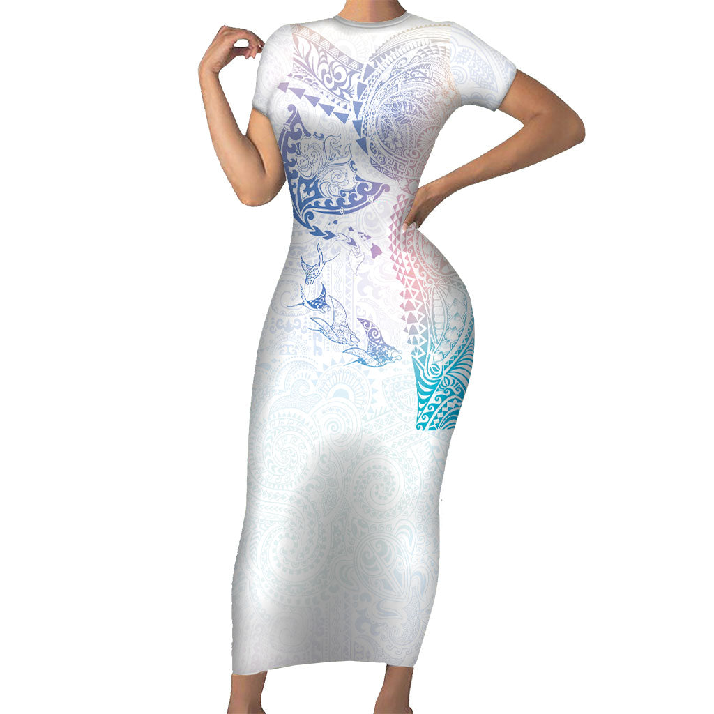 Hawaiian Manta Ray Tribal Family Matching Short Sleeve Bodycon Dress and Hawaiian Shirt Polynesian Art Motifs Sweet Pastel
