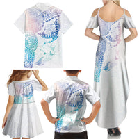 Hawaiian Manta Ray Tribal Family Matching Summer Maxi Dress and Hawaiian Shirt Polynesian Art Motifs Sweet Pastel