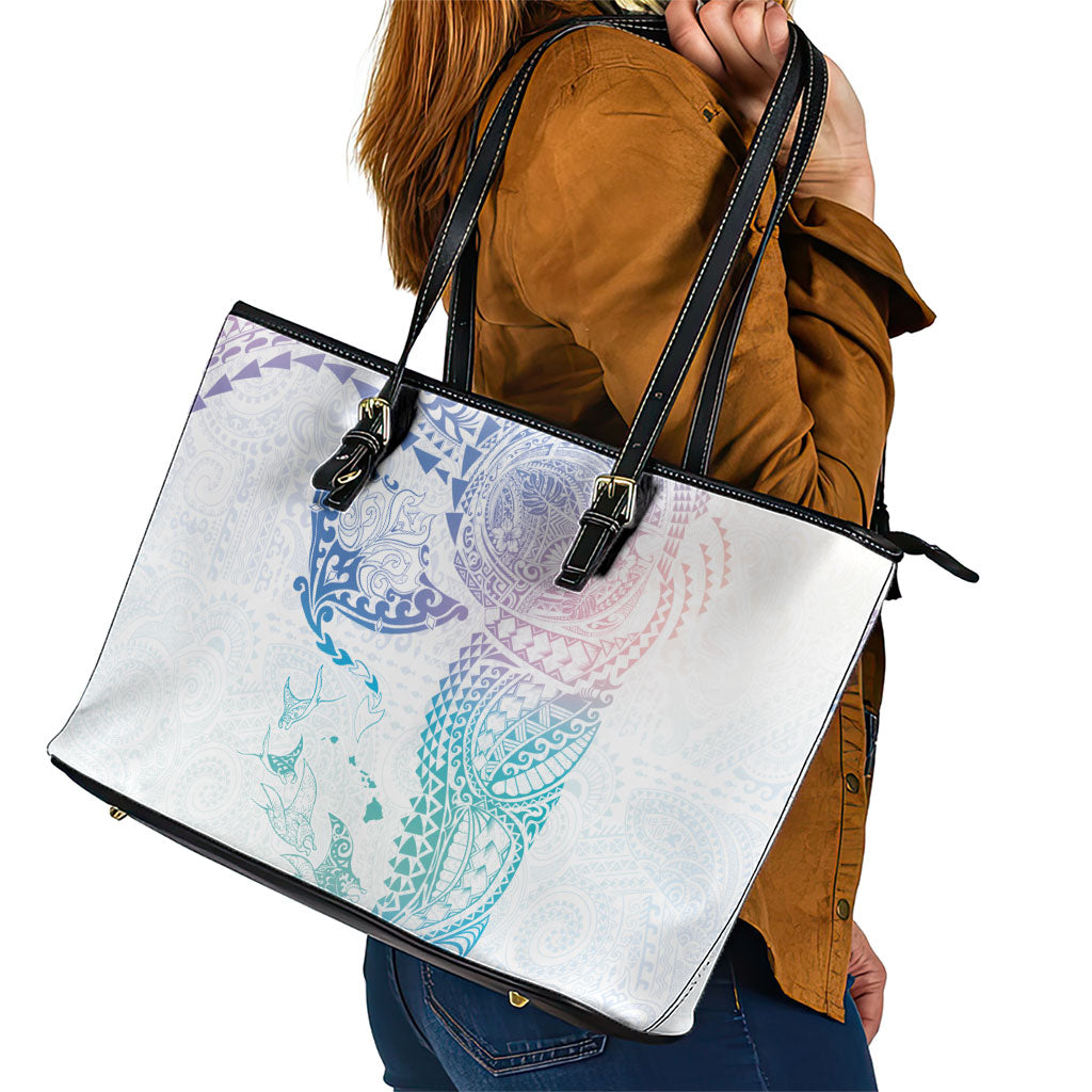Hawaiian Manta Ray Tribal Leather Tote Bag Polynesian Art Motifs Sweet Pastel