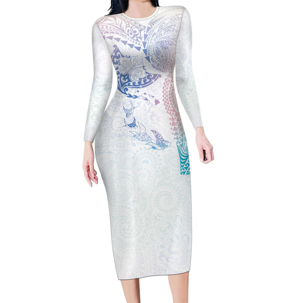 Hawaiian Manta Ray Tribal Long Sleeve Bodycon Dress Polynesian Art Motifs Sweet Pastel